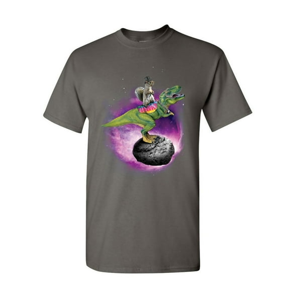 Tee Hunt Squirrel Riding T-Rex Riding Asteroid T-Shirt Funny Space Weird Mens Shirt, Charcoal, Large