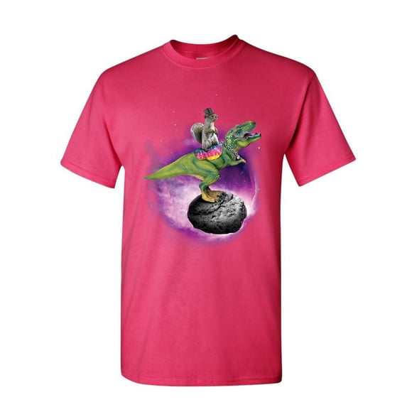 Tee Hunt Squirrel Riding T-Rex Riding Asteroid T-Shirt Funny Space Weird Mens Shirt, Hot Pink, Small