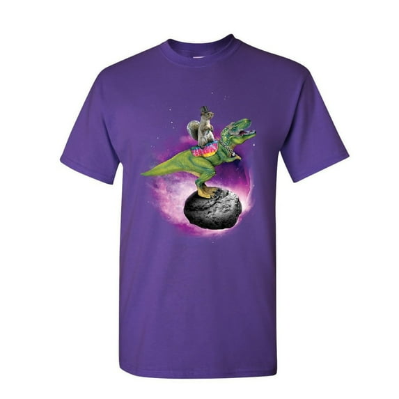 Tee Hunt Squirrel Riding T-Rex Riding Asteroid T-Shirt Funny Space Weird Mens Shirt, Purple, Medium