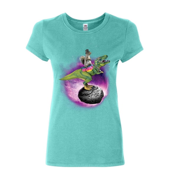 Tee Hunt Squirrel Riding T-Rex Riding Asteroid Women's T-Shirt Funny Space Weird Shirt, Light Blue, XX-Large