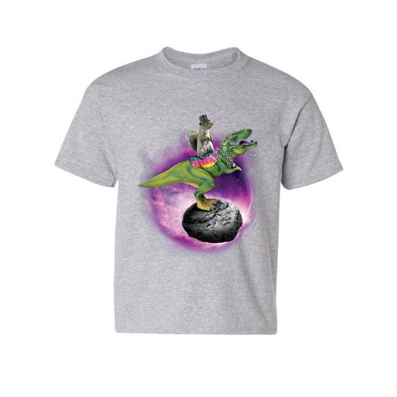 Tee Hunt Squirrel Riding T-Rex Riding Asteroid Youth T-Shirt Funny Space Weird Kids Tee, Gray, Medium