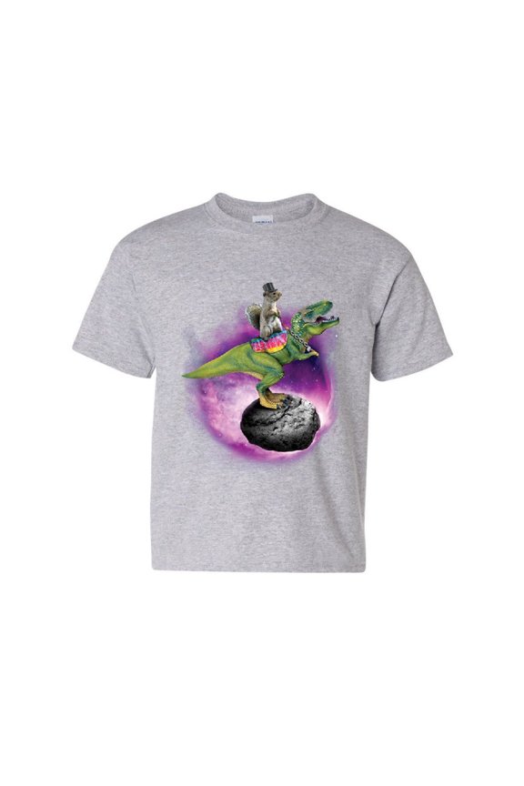 Squirrel Riding T-Rex Riding Asteroid Youth T-Shirt Funny Space Weird Kids Tee, Gray, Medium