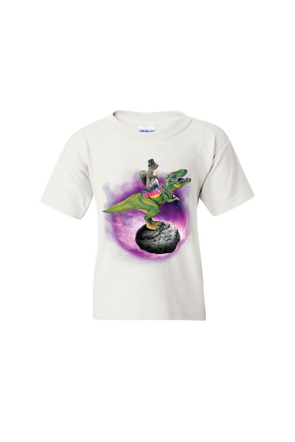 Squirrel Riding T-Rex Riding Asteroid Youth T-Shirt Funny Space Weird Kids Tee, White, Small