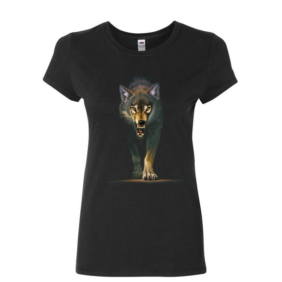 Tee Hunt Stalking Growling Wolf Women's T-Shirt Claws and Fangs Wolf On The Hunt Shirt, Black, X-Large