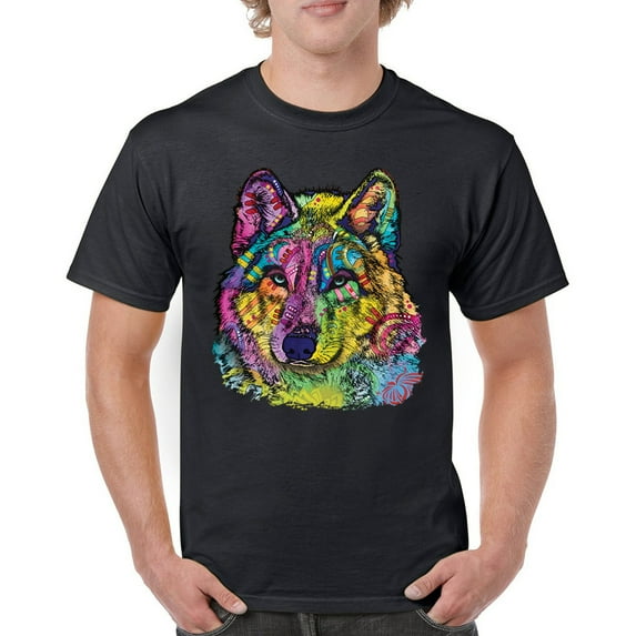 Tee Hunt Stare of The Wolf T-Shirt Dean Russo Colorful Neon Animal Men's Tee, Black, Medium