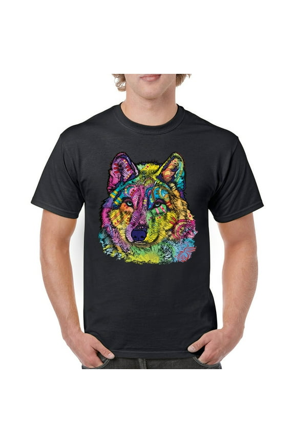 Stare of The Wolf T-Shirt Dean Russo Colorful Neon Animal Men's Tee, Black, Medium