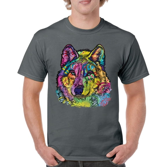 Tee Hunt Stare of The Wolf T-Shirt Dean Russo Colorful Neon Animal Men's Tee, Charcoal, Medium