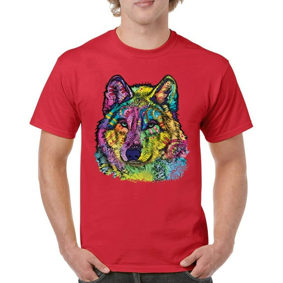 Tee Hunt Stare of The Wolf T-Shirt Dean Russo Colorful Neon Animal Men's Tee, Red, Large
