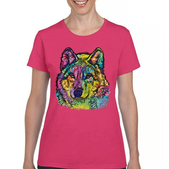 Tee Hunt Stare of The Wolf T-Shirt Dean Russo Colorful Neon Animal Women's T-Shirt Tee, Pink, Medium