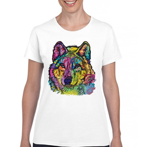 Tee Hunt Stare of The Wolf T-Shirt Dean Russo Colorful Neon Animal Women's T-Shirt Tee, White, 3X-Large