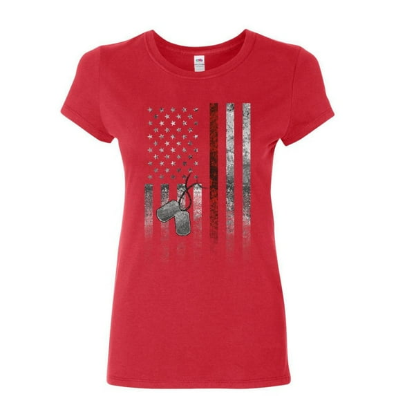 Tee Hunt Stars and Stripes Dog Tags Women's T-Shirt Military American Patriot USA Shirt, Red, X-Large