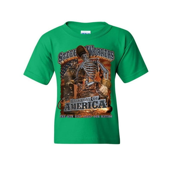 Tee Hunt Steel Workers Backbone of America Youth T-Shirt Welding Iron Metal Kids Tee, Green, X-Large