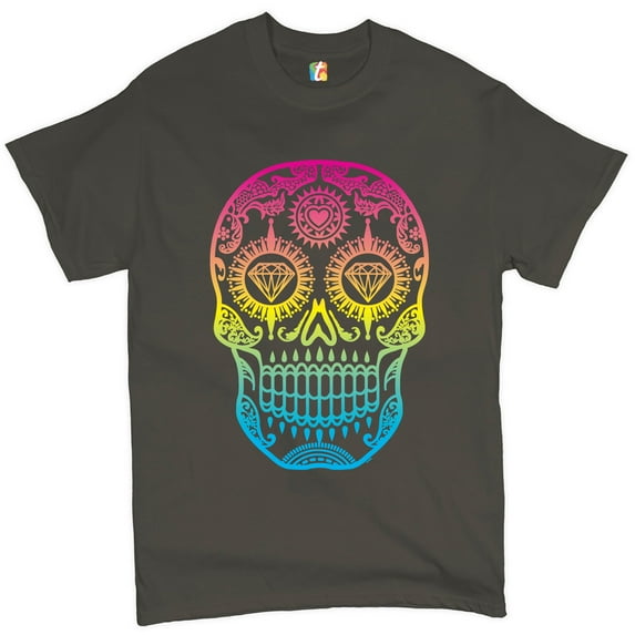 Tee Hunt Sugar Skull Calavera Diamond Eyes T-Shirt Day of The Dead Men's Novelty Shirt, Charcoal, Large