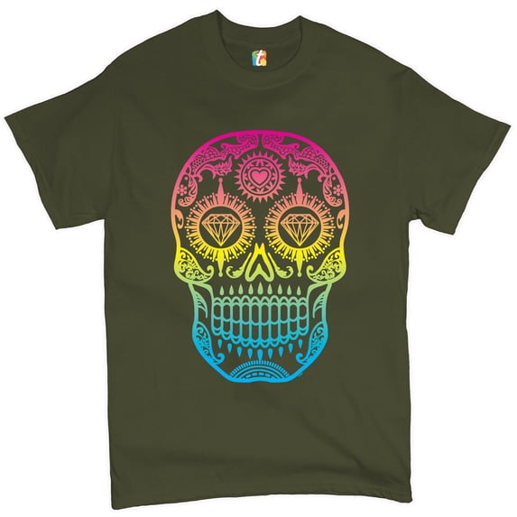 Tee Hunt Sugar Skull Calavera Diamond Eyes T-Shirt Day of The Dead Men's Novelty Shirt, Military Green, Large