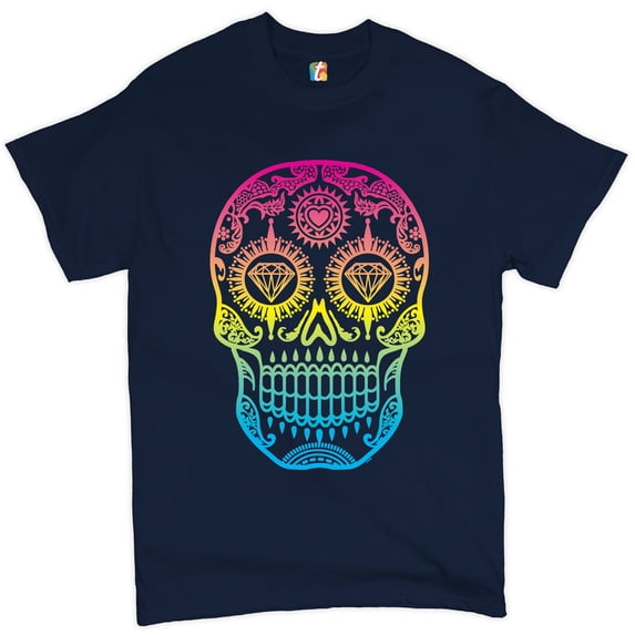 Tee Hunt Sugar Skull Calavera Diamond Eyes T-Shirt Day of The Dead Men's Novelty Shirt, Navy Blue, Medium