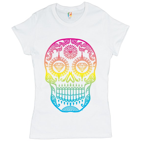 Tee Hunt Sugar Skull Calavera Diamond Eyes Women's T-Shirt Novelty T-Shirt Day of The Dead Tee, White, XX-Large