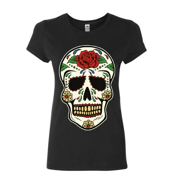 Tee Hunt Sugar Skull Calavera Women's T-Shirt Dia de Los Muertos Day of The Dead Shirt, Black, X-Large
