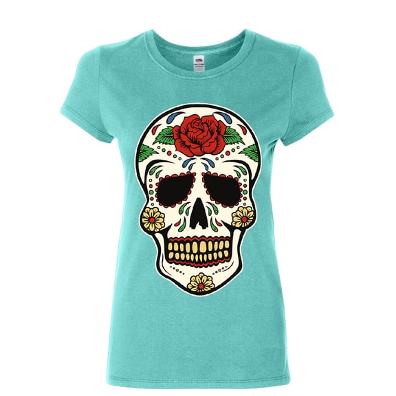 Tee Hunt Sugar Skull Calavera Women's T-Shirt Dia de Los Muertos Day of The Dead Shirt, Light Blue, X-Large