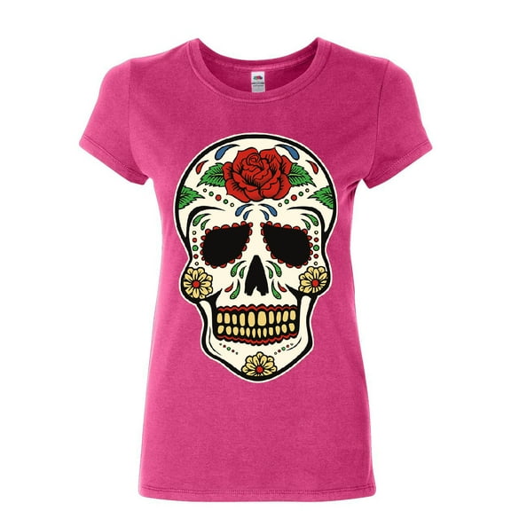 Tee Hunt Sugar Skull Calavera Women's T-Shirt Dia de Los Muertos Day of The Dead Shirt, Pink, Large