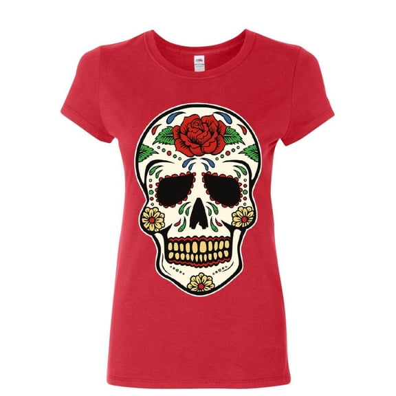 Tee Hunt Sugar Skull Calavera Women's T-Shirt Dia de Los Muertos Day of The Dead Shirt, Red, Small