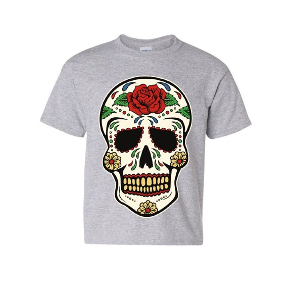 Tee Hunt Sugar Skull Calavera Youth T-Shirt Dia de Los Muertos Day of The Dead Kids Tee, Gray, Medium