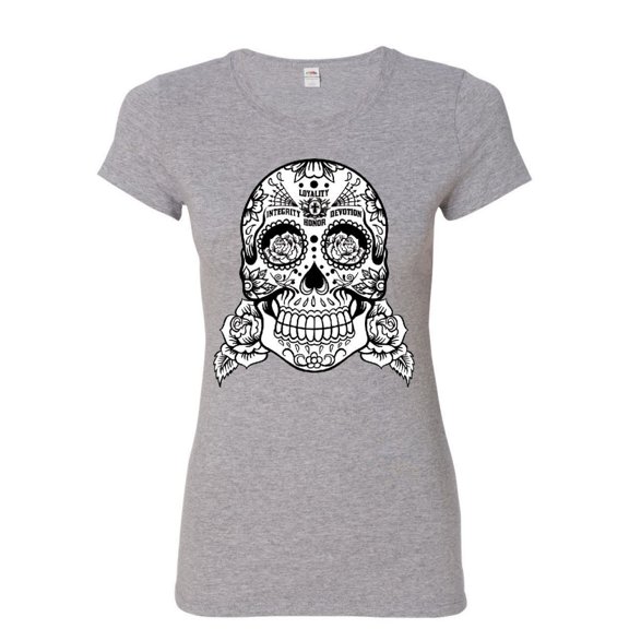 Tee Hunt Sugar Skull Cotton T-Shirt Loyalty Integrity Devotion Honor, Gray, Medium