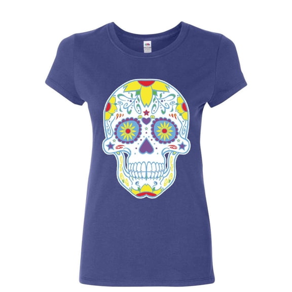 Tee Hunt Sugar Skull Day of The Dead Cotton T-Shirt Calavera Dia de Los Muertos, Blue, Small