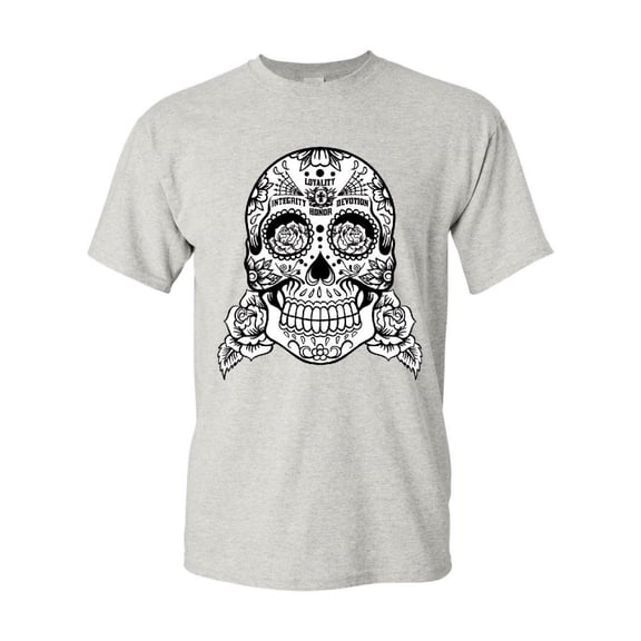 Tee Hunt Sugar Skull T-Shirt Loyalty Integrity Devotion Honor Tee, Ash Gray, Medium