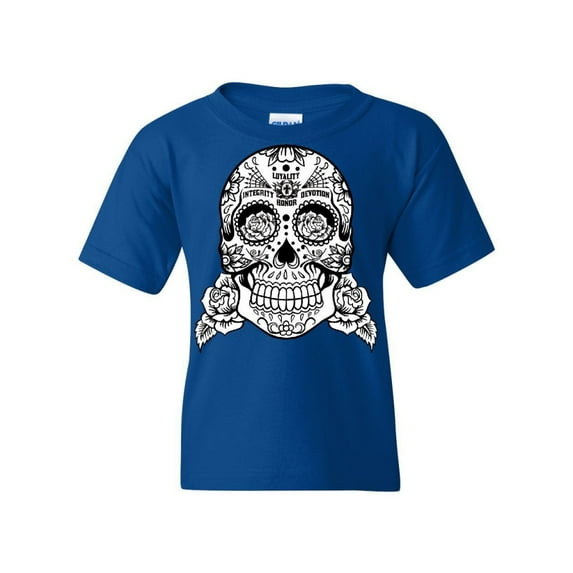 Tee Hunt Sugar Skull Youth T-Shirt Loyalty Integrity Devotion Honor, Blue, Small