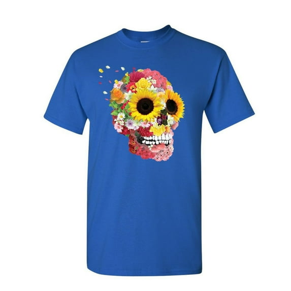 Tee Hunt Sunflowers Sugar Skull T-Shirt Day of The Dead Calavera Mexico Mens Shirt, Blue, X-Large