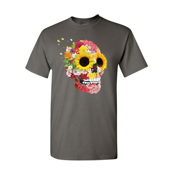 Tee Hunt Sunflowers Sugar Skull T-Shirt Day of The Dead Calavera Mexico Mens Shirt, Charcoal, Medium
