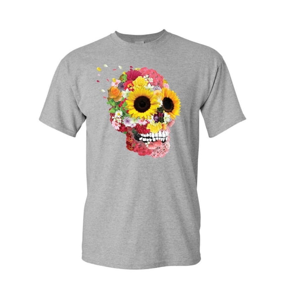 Tee Hunt Sunflowers Sugar Skull T-Shirt Day of The Dead Calavera Mexico Mens Shirt, Gray, XX-Large