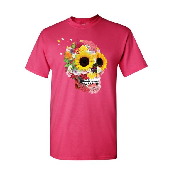 Tee Hunt Sunflowers Sugar Skull T-Shirt Day of The Dead Calavera Mexico Mens Shirt, Hot Pink, Large