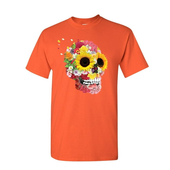 Tee Hunt Sunflowers Sugar Skull T-Shirt Day of The Dead Calavera Mexico Mens Shirt, Orange, Small