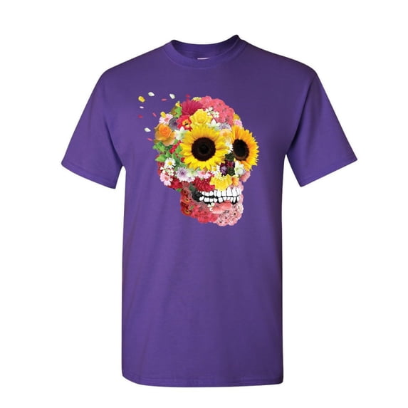 Tee Hunt Sunflowers Sugar Skull T-Shirt Day of The Dead Calavera Mexico Mens Shirt, Purple, 3X-Large