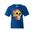 thumbnail image 1 of Tee Hunt Sunflowers Sugar Skull Youth T-Shirt Day of the Dead Calavera Mexico Kids Tee, Blue, Medium, 1 of 5