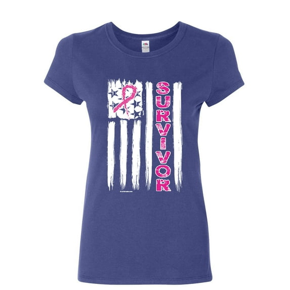Tee Hunt Survivor Pink Ribbon US Flag Women's T-Shirt Breast Cancer Awareness Shirt, Blue, XX-Large