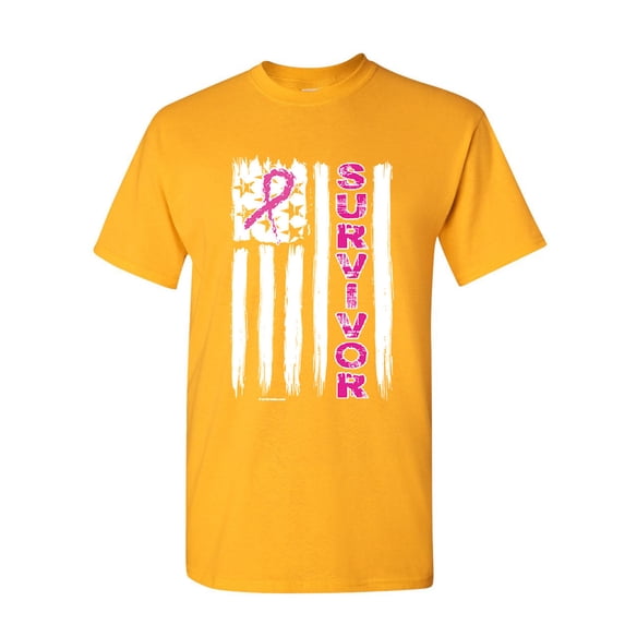 Tee Hunt Survivor Ribbon US Flag T-Shirt Breast Cancer Awareness Mens Shirt, Yellow, Small
