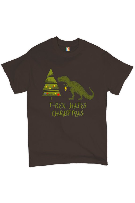 T-Rex Hates Christmas T-Shirt Funny Dinosaur Xmas Eve Festive Men's Tee, Brown, Medium
