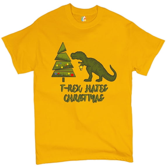 Tee Hunt T-Rex Hates Christmas T-Shirt Funny Dinosaur Xmas Eve Festive Men's Tee, Yellow, Medium