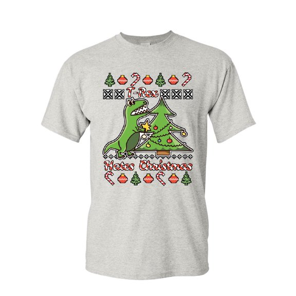 Tee Hunt T-Rex Hates Christmas T-Shirt Funny Xmas Ugly Sweater Dinosaur Mens Shirt, Ash Gray, X-Large