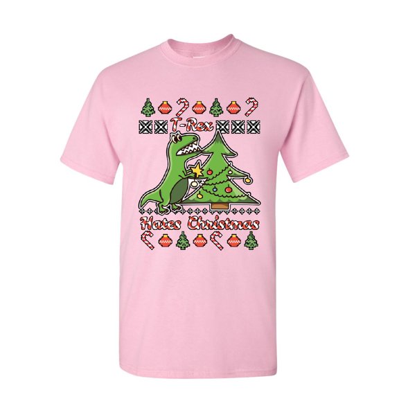 Tee Hunt T-Rex Hates Christmas T-Shirt Funny Xmas Ugly Sweater Dinosaur Mens Shirt, Light Pink, Large