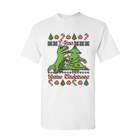 Tee Hunt T-Rex Hates Christmas T-Shirt Funny Xmas Ugly Sweater Dinosaur Mens Shirt, White, X-Large