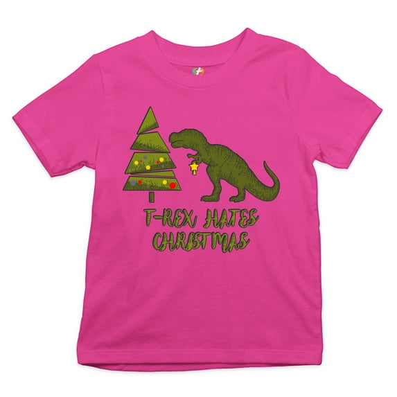 Tee Hunt T-Rex Hates Christmas Youth T-Shirt Funny Dinosaur Xmas Eve Festive Kids, Pink, Large