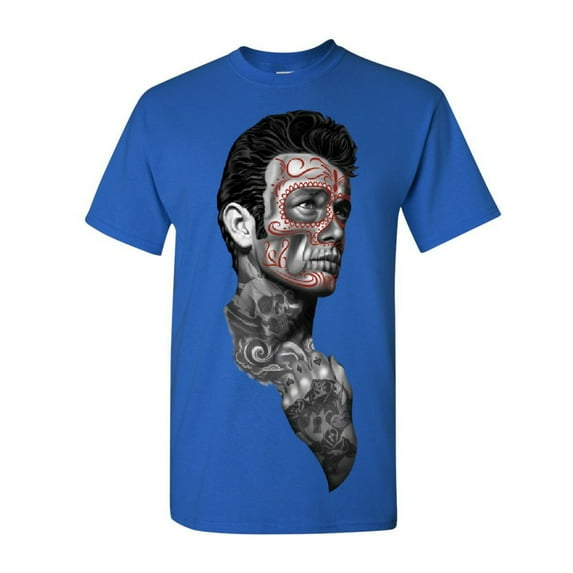 Tee Hunt Tattoed Face Guy T-Shirt Day of The Dead Calavera Shirt, Blue, Medium