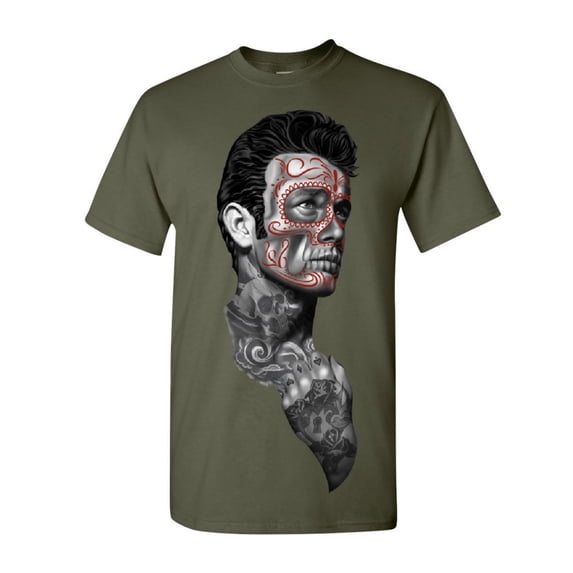 Tee Hunt Tattoed Face Guy T-Shirt Day of The Dead Calavera Shirt, Military Green, Small