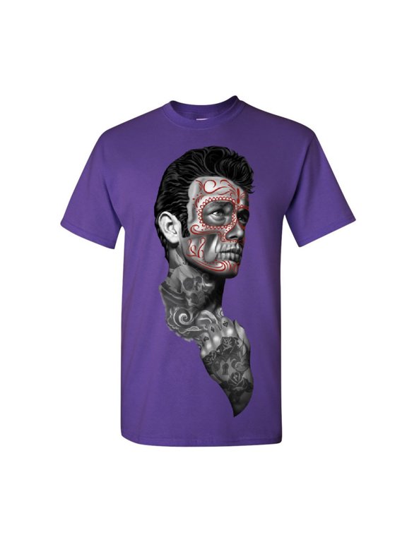 Tattoed Face Guy T-Shirt Day of The Dead Calavera Shirt, Purple, Large