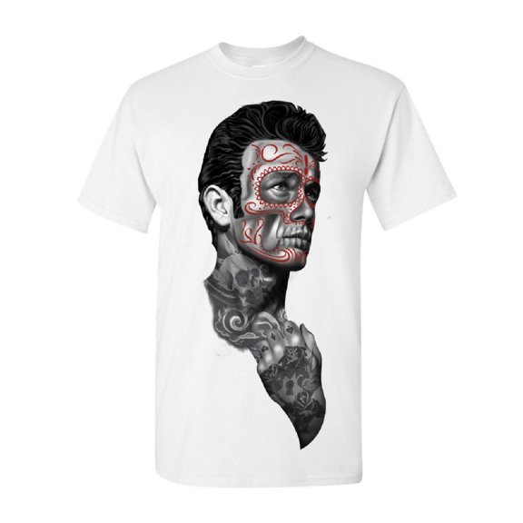 Tee Hunt Tattoed Face Guy T-Shirt Day of The Dead Calavera Shirt, White, Small