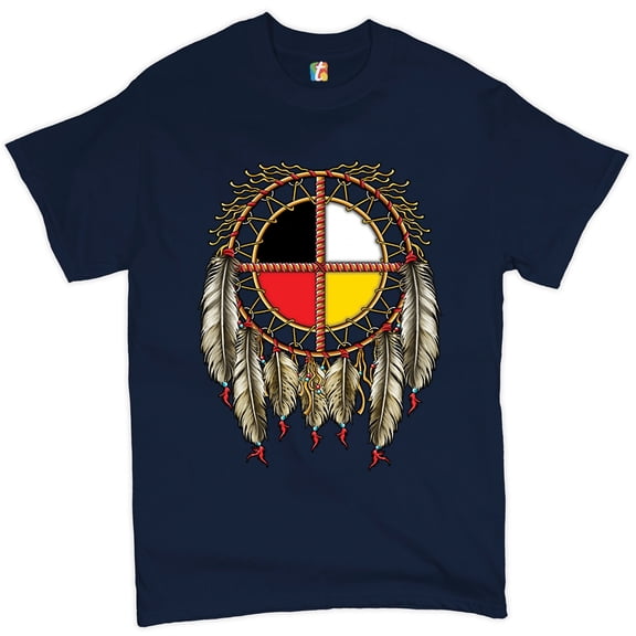 Tee Hunt The Medicine Wheel Dreamcatcher T-Shirt Native American Symbol Men's Tee, Navy Blue, Large
