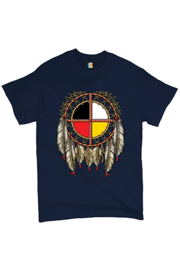 The Medicine Wheel Dreamcatcher T-Shirt Native American Symbol Men's Tee, Navy Blue, Large